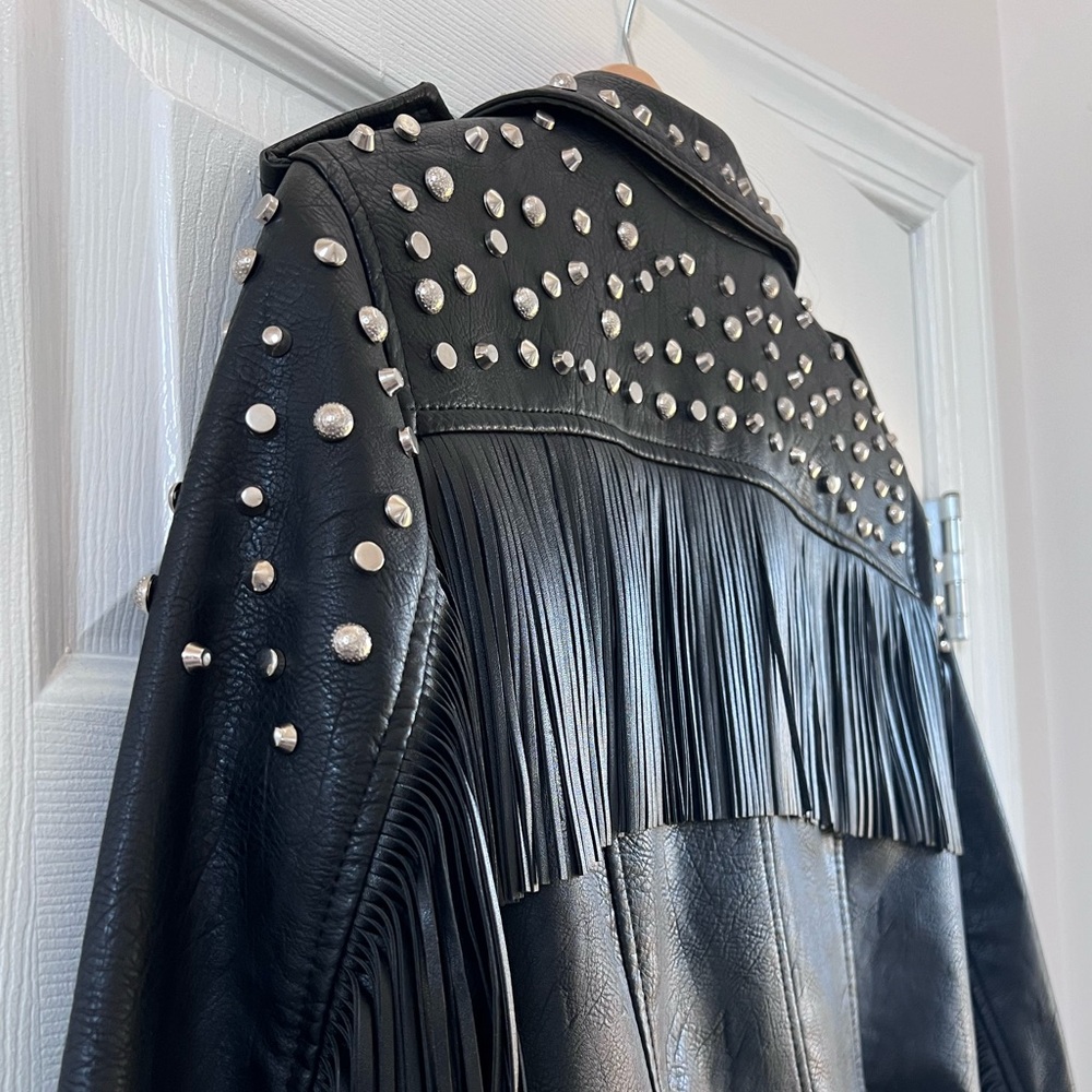 PINK ROSE Black Studded Fringe Leather Moto Jacket - Picture 10 of 10